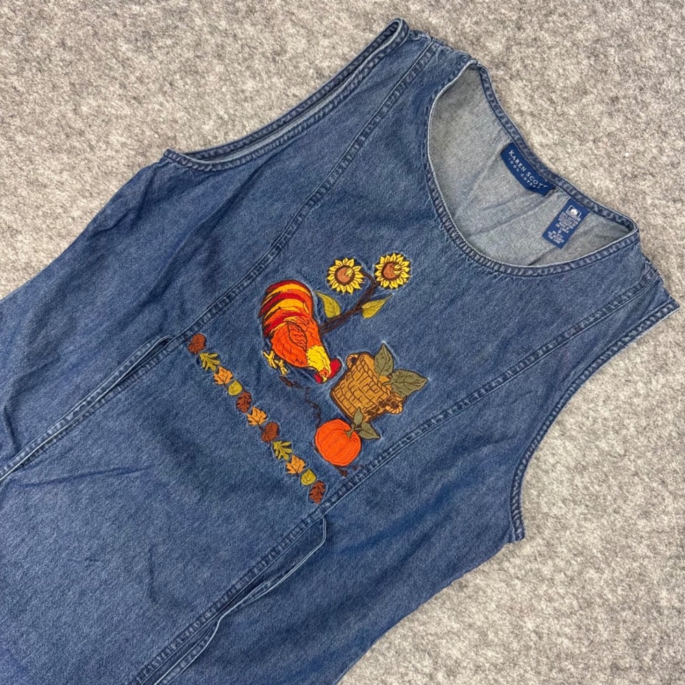 Karen Scott Denim Pinafore Dress Embroidered Rooster Sunflowers Fall Theme Small